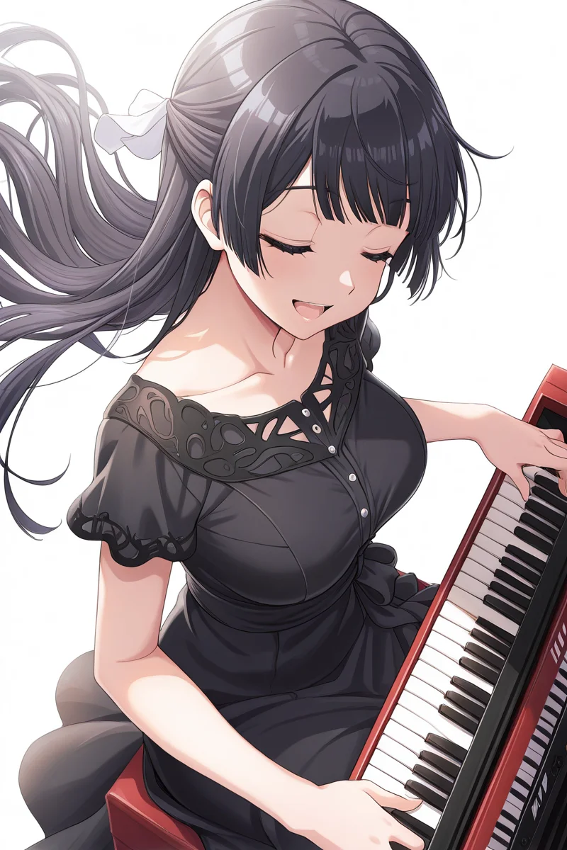 masterpiece, best quality, amazing quality,
<lora:Rei_IL:1> rei, 1girl, instrument, solo, long hair, closed eyes, music, dress, playing instrument, open mouth, sitting, collarbone, bangs, black dress, white background, breasts, smile, floating hair, from above