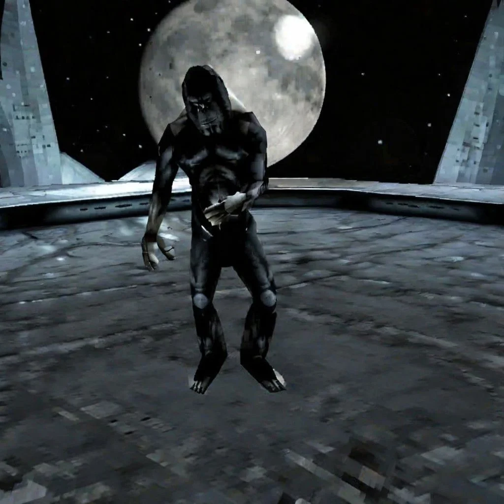 bigfoot, wearing all black rick owens outfit, under a 3d moon, ps2 graphics, unreal,