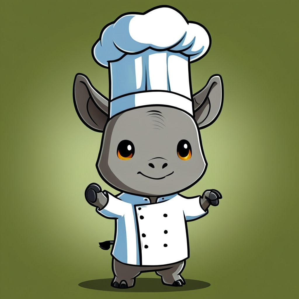 cartoon of Indian Rhinoceros dressed as Chef  in (ctswx:1.2) style, cute, chibi, joyous expression,  candid pose, glowing Olive background, rim lighting,  contrasting colors,     <lora:Cute_Tshirt_Style_XL_v5.1-000017:1>