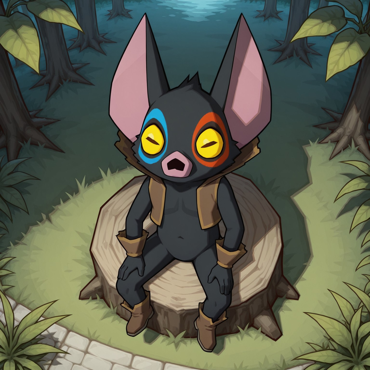2d, solo, 1boy, Fraaz, male, bat, black body, black fur, pink inner ears, large ears, yellow sclera, black pupils, horizontal pupils, brown vest, open vest, brown wristbands, brown shoes, slim

BREAK outside, forest, legs crossed, from above, looking up at viewer, hands on legs, bushes, leaves, grass, sitting on stump

BREAK best quality, amazing quality, very aesthetic, absurdres, newest, masterpiece, high quality 
