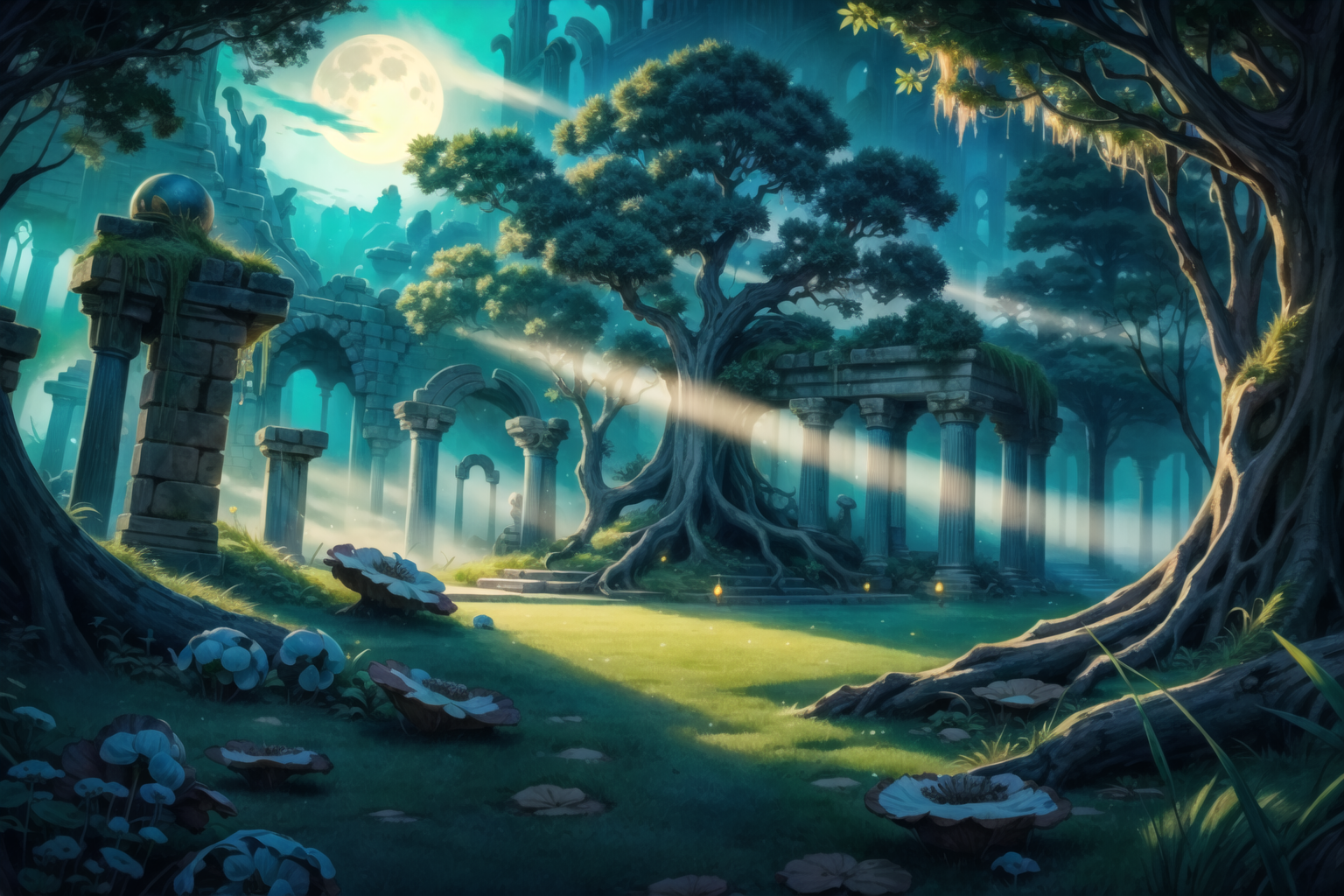 <lora:FantasyRuins:0.8> FanRu, magical fantasy world, ruins, overgrown, best quality, masterpiece, <lora:more_details:0.65>, <lora:goblin_datasets_pruned:1> goblin girl, fewer digits, <lora:unexptits_v15:-0.3> large breasts, great legs, short, green skin, long flowing hair, white hair:1.6, yellow eyes, <lora:short stack3:1> shortstacks, (wearing woven grass skirt, coconut bra, beaded anklets):2, wild unkempt hair, bone hair accessories , moonlit grove, ancient trees with twisted roots, glowing mushrooms, ethereal mist