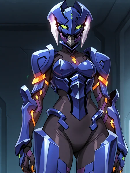 (masterpiece, very aesthetic, absurdres, best quality, high quality, cinematic shadow:1.4), body blush,character focus,perfect hands, small breasts,sidelocks, cowboy shot, <lora:HandFixer_pdxl_Incrs_v1:1> handfixer,looking at viewer,<lora:StS-Illustrious-Detail-Slider-v1.0:4>, ,, <lora:eyelashext_v10:1>, <lora:cyan:1>, cyanbluestar,cyngladiator,blue armor,robot, robot girl,helmet,green eyes,no pupils, no humans,multicolored,neon trim,claws,orange nails, orange glow