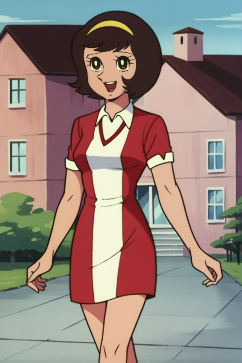 score_9, score_8_up, score_7_up BREAK, retro artstyle, miki, 1girl,solo, cowboy shot, brown hair, brown eyes, yellow hairband,building, suburb, outdoors, blue sky, smile, open mouth, walking, tree, looking at viewer, house, red and white dress, short dress, short sleeves,wing collar <lora:FudoMikiPony:1>