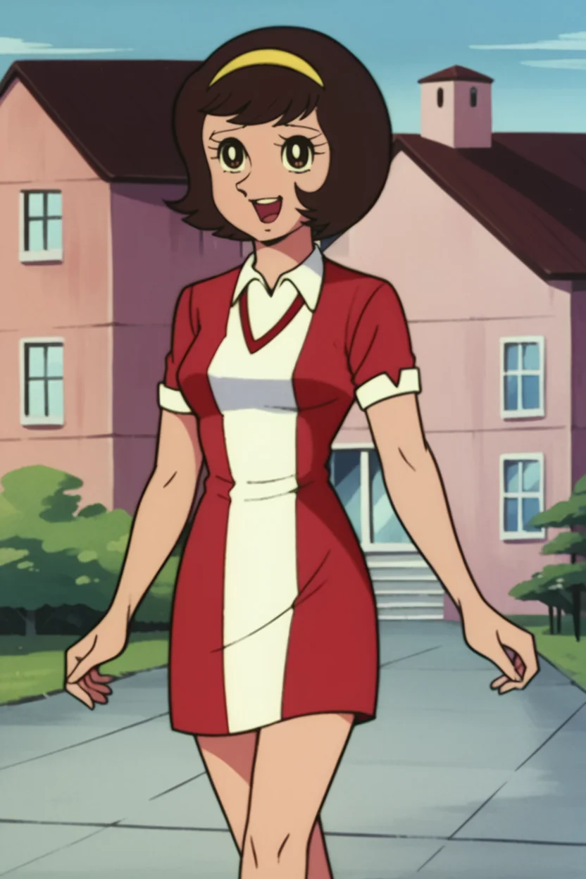 score_9, score_8_up, score_7_up BREAK, retro artstyle, miki, 1girl,solo, cowboy shot, brown hair, brown eyes, yellow hairband,building, suburb, outdoors, blue sky, smile, open mouth, walking, tree, looking at viewer, house, red and white dress, short dress, short sleeves,wing collar <lora:FudoMikiPony:1>