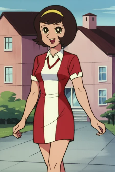 score_9, score_8_up, score_7_up BREAK, retro artstyle, miki, 1girl,solo, cowboy shot, brown hair, brown eyes, yellow hairband,building, suburb, outdoors, blue sky, smile, open mouth, walking, tree, looking at viewer, house, red and white dress, short dress, short sleeves,wing collar <lora:FudoMikiPony:1>
