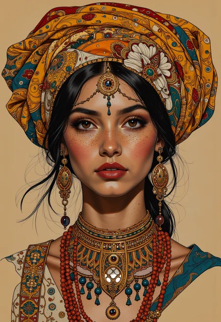 A digital drawing, a detailed vector art of a beautiful berber woman. intricate light