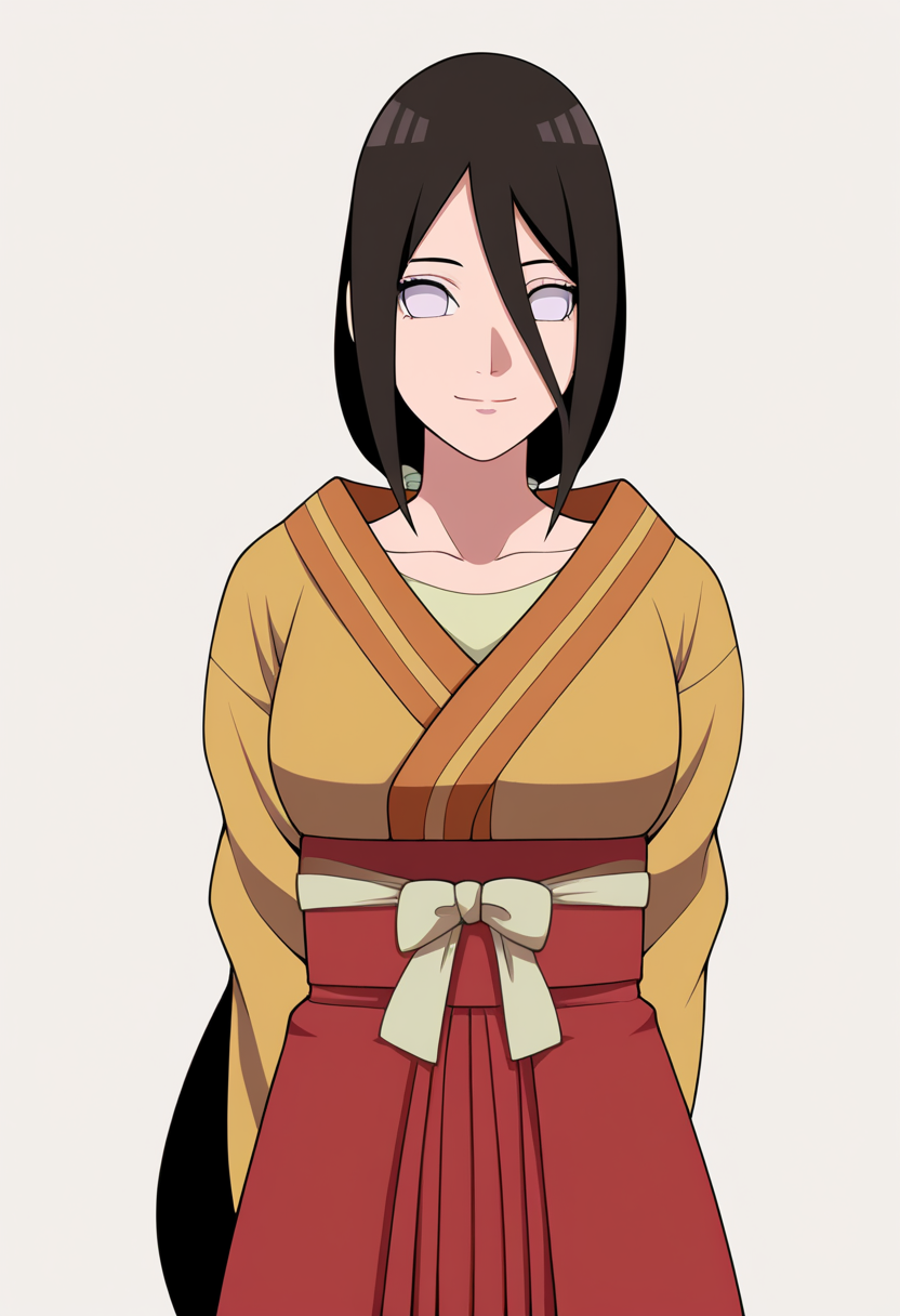 masterpiece, best quality, very aesthetic, absurdres,
1girl, hanabihyuga, black hair, long hair, ponytail, hair between eyes, no pupils, white eyes, 
collarbone, hakama skirt, japanese clothes, kimono, long wide sleeves, sash,
hands behind back, smile, upper body, looking at viewer, solo, simple background, white background, <lora:HanabiBorutoNoobXL_byKonan:1>