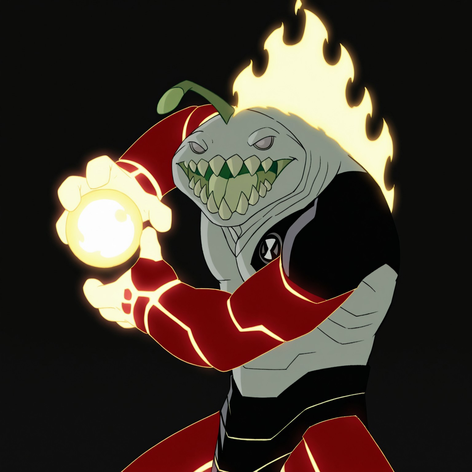 8k, uncensored, masterpiece, best quality, highly detailed, realistic, 1boy, solo, HeatJaws, furry, anthro, marine, amphibian, fire elemental, hybrid, esca, (light-grey sclera, no pupils), gills, light-green body, sharp teeth, big teeth, olive-green tongue, red arms, (glowing hands), red legs, black shoulder pad, black waistwear, upper body, open mouth, (looking at viewer, standing, black background, simple background, front view, ((4 fingers, fire manipulation, hands on fire, fireball)), (front view), fire, fire on back, front view, kamehameha, fire ball
