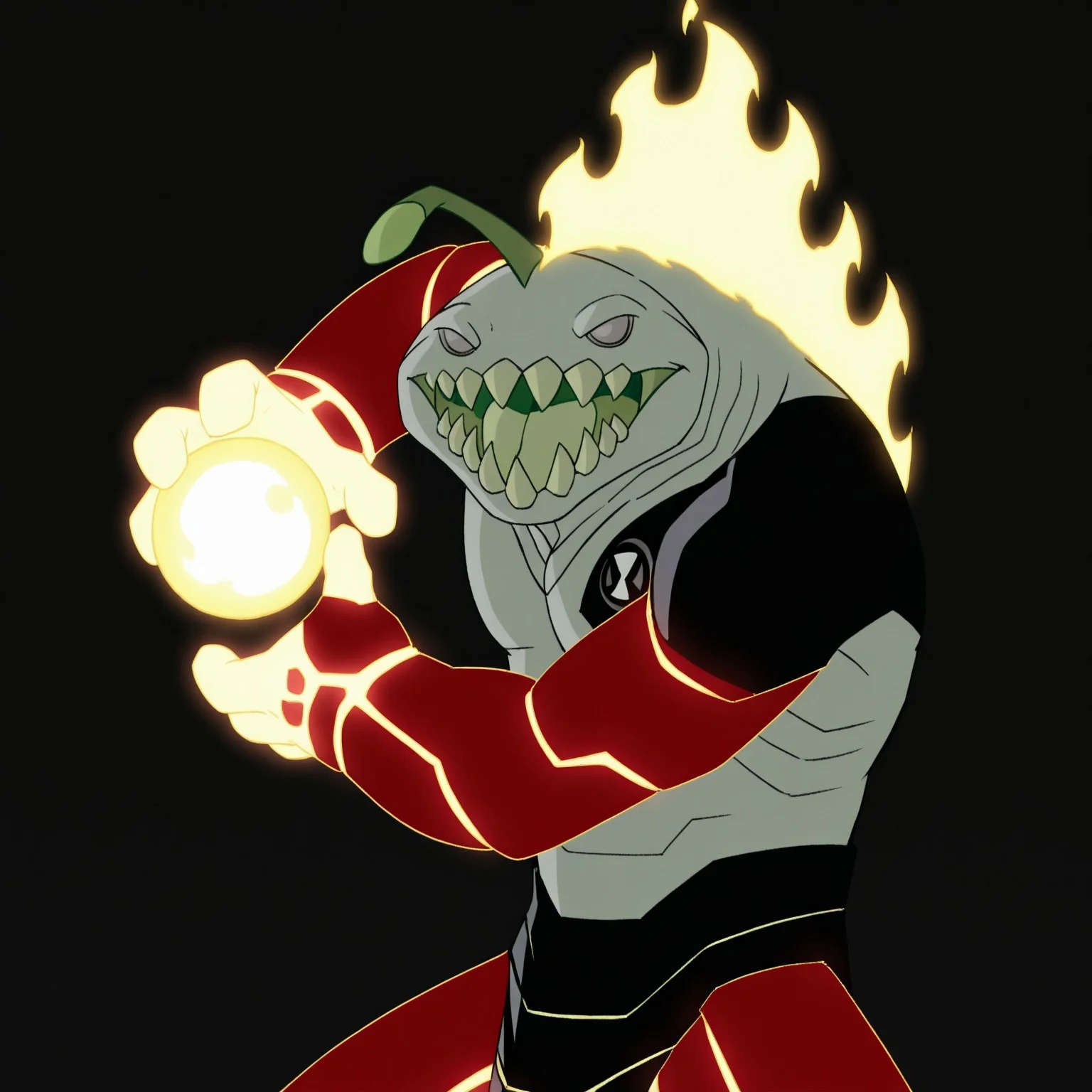 8k, uncensored, masterpiece, best quality, highly detailed, realistic, 1boy, solo, HeatJaws, furry, anthro, marine, amphibian, fire elemental, hybrid, esca, (light-grey sclera, no pupils), gills, light-green body, sharp teeth, big teeth, olive-green tongue, red arms, (glowing hands), red legs, black shoulder pad, black waistwear, upper body, open mouth, (looking at viewer, standing, black background, simple background, front view, ((4 fingers, fire manipulation, hands on fire, fireball)), (front view), fire, fire on back, front view, kamehameha, fire ball
