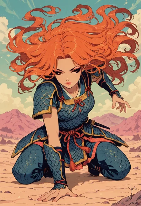 in the style of cksc, vibrant anime image, asian  warrior woman, long flowing hair, dark eyeshadow, dragon-scale armour, dynamic, detailed face