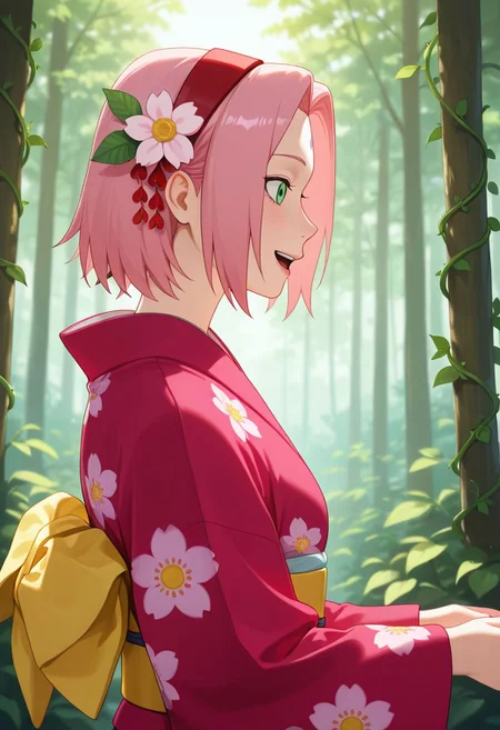 score_9, score_8_up, score_7_up, score_6_up, score_5_up, score_4_up, derpixon style, 1girl, solo, from side, haruno sakura, pink hair, short hair, wearing kimono, floral kimono, side view, flower on ear, happy, rating_safe, sfw, detailed, forest background, vines, leaves