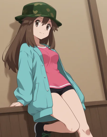 official style,leaf (pokemon), pokemon,long hair,brown hair,brown eyes,camouflage headwear,green headwear,aqua coat,open coat,long sleeves,pink shirt,shirt untucked,black bike shorts, sneakers,black footwear,green laces,bare legs,Hayashi,(colloseum:1.2),,
(forest:1.1),,
(anime screencap), 2d cel anime,anime cap,anime,anime style,anime cel,cell shaded,dutch angle,,soft brightness,perfect face,perfect nose, perfect hair, perfect eyes,perfect female body,perfect skin,a face of perfect proportion,perfect lighting,perfect anatomy,perfect proportion,perfect hands,perfect legs,perfect fingers,masterpiece,
medium breasts,
perky breasts,best quality,very aesthetic,absurdres,16k,intricate detail,amazing quality,(bold:3.12),thick outline,black outline,harsh lines,soft lines,deluster,boldline,curvy,(anime coloring:1.2), light smile,slim,(gray background:-1),
looking at viewer,
super fine illustration,detailed linework,vibrant colors,kawaii,flat color, <lora:ãã±ããã¢ã³ã¹ã¿ã¼ãã¸ã³ã¹ãªã¼ãillustriousPokemonSygna_Leafillustrious-000017:1:0.8>