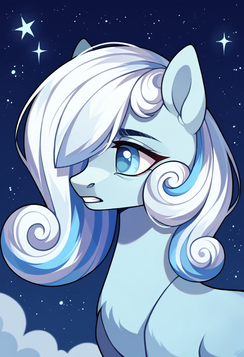 score_9, score_8, score_7, source_pony, snowdrop, looking to the side, blue sclera, night sky, upper body, starry sky, white theme, hair over one eye, blue fur, teeth