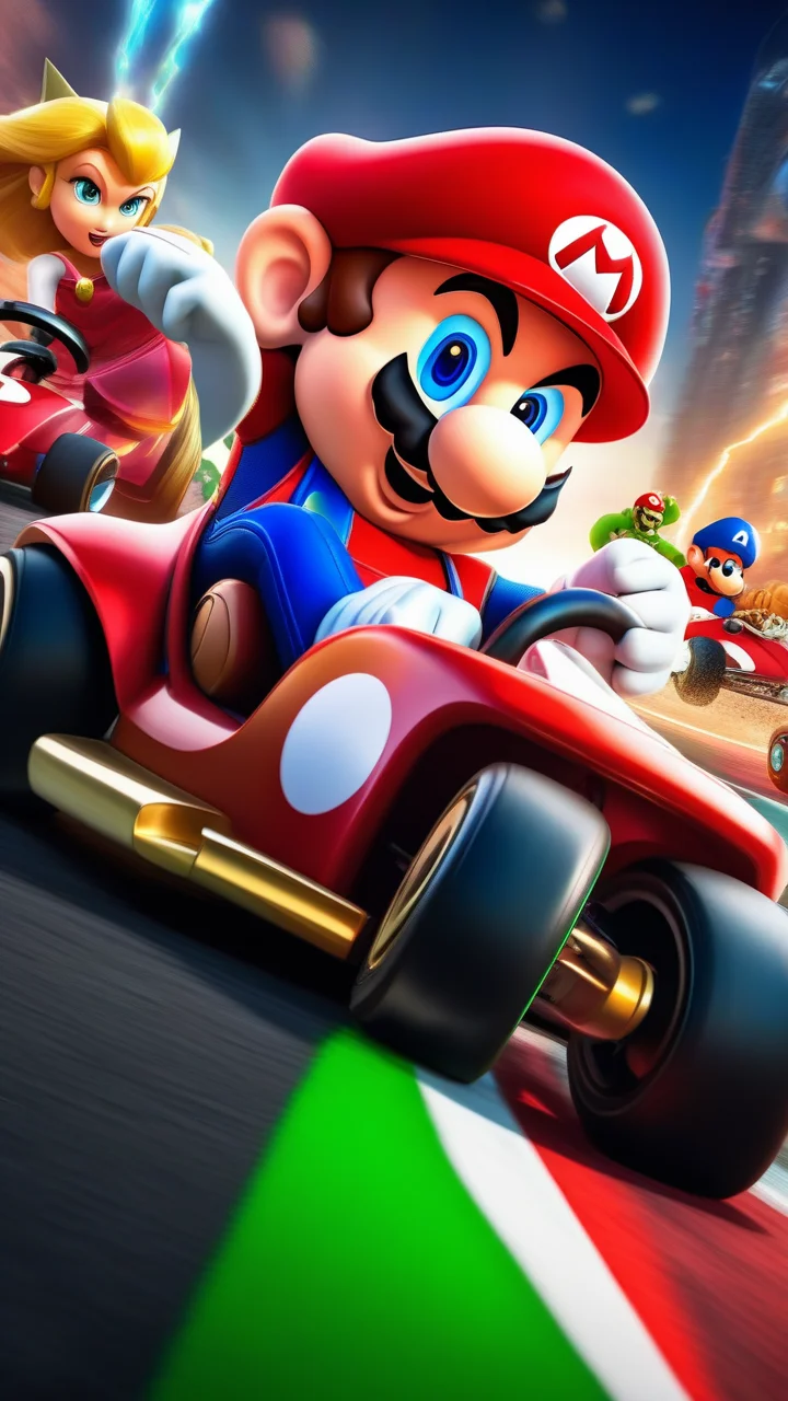 Mario Kart Race with (Avengers 1.5): Organize a chaotic race where the Avengers, equipped with Mario Kart vehicles, compete in a light-hearted and hilarious showdown. ultra realistic,dynamic pose, white hair, (masterpiece) (best quality) (detailed) (8k) (HDR) (wallpaper) (cinematic lighting) (sharp focus)