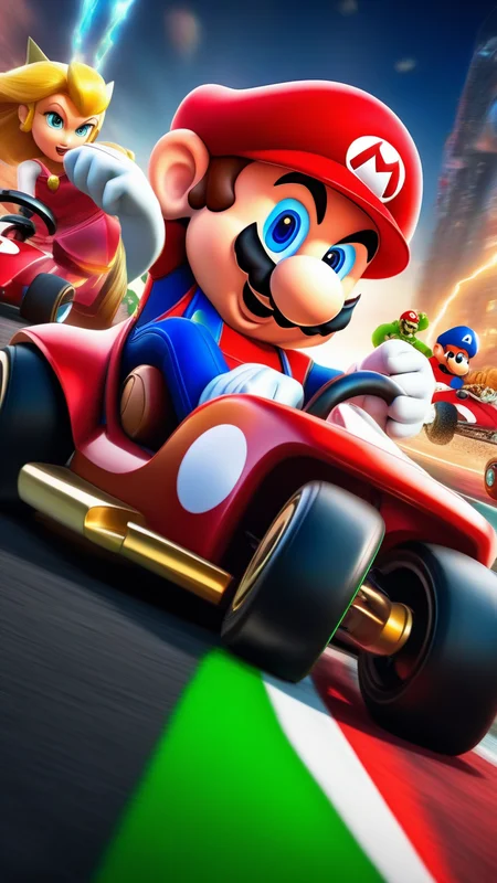 Mario Kart Race with (Avengers 1.5): Organize a chaotic race where the Avengers, equipped with Mario Kart vehicles, compete in a light-hearted and hilarious showdown. ultra realistic,dynamic pose, white hair, (masterpiece) (best quality) (detailed) (8k) (HDR) (wallpaper) (cinematic lighting) (sharp focus)