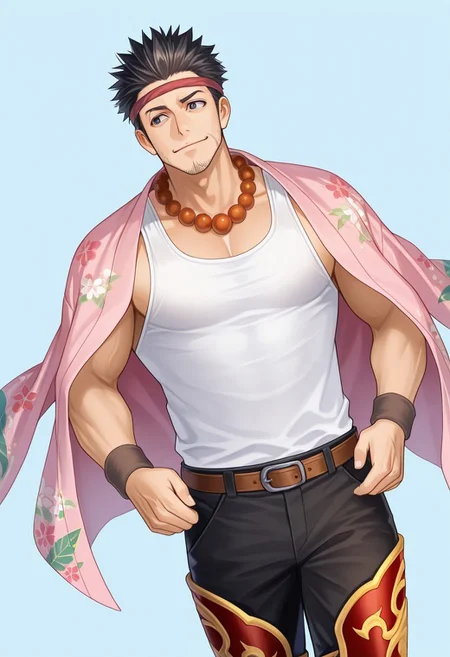 score_9, score_8_up, score_7_up, score_6_up, perfect anatomy, perfect proportions, best quality, masterpiece, high_resolution, high quality, best aesthetic, incredibly absurdres, highres, extremely detailed, huge filesize, solo male, adult, mature male, dilf, middle age, masculine, manly, handsome, charming, alluring, standing, upper body, dutch angle, cowboy shot, perfect face, source_game \SaGa Frontier\), official style \(SaGa Frontier\), Gen \(SaGa Frontier\), SGFGen, black eyes, black hair, short hair, facial hair, stubble, SGFGen_outfit03, headband, hachimak \(headband\), red headband, red hachimak \(headband\), white tank top, beaded necklace, senjafuda \(necklace\), wristband, pink clothes over shoulders, pink kimono over shoulders, black pants, brown belt, leg armor, boots,