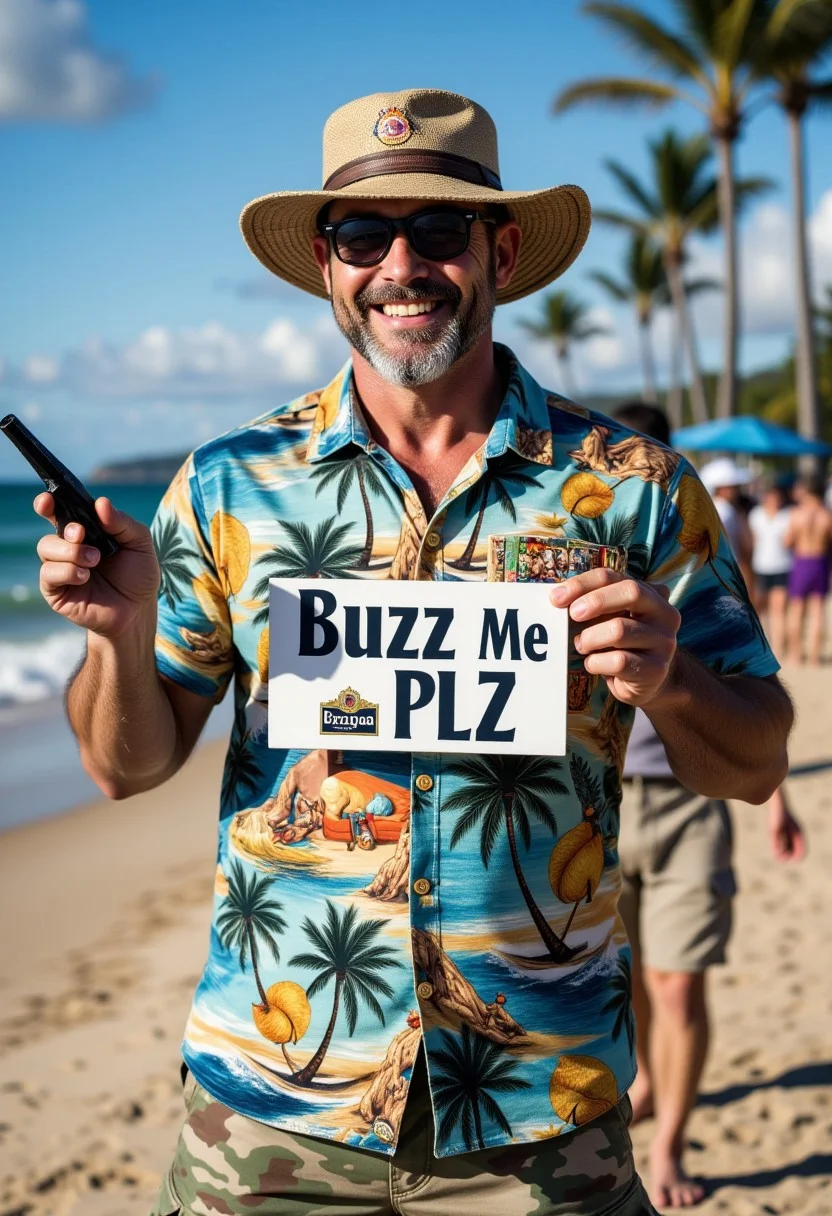 Smiling USA soldier standing akimbo.holding a board with words"Buzz Me PLZ", His uniform is playfully hawaiian shirt patterened cloth, with conconut trees and beach surf. .