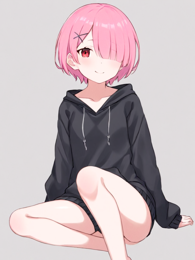 <lora:ram:1>,1girl, solo, ram_\(re:zero\), pink_hair, short_hair, hair_ornament, red_eyes, hood, looking_at_viewer, smile, x_hair_ornament, long_sleeves, sitting, black_hoodie, hair_over_one_eye, grey_background, closed_mouth, collarbone, hood_down, simple_background, hoodie, bangs, sweater, shiny_hair, indian_style, eyes_visible_through_hair, shiny, alternate_costume, black_sweater, barefoot, bare_legs