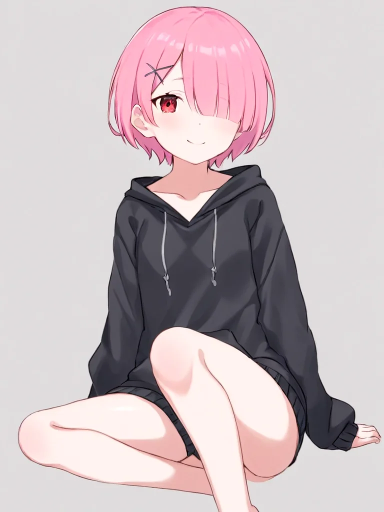 <lora:ram:1>,1girl, solo, ram_\(re:zero\), pink_hair, short_hair, hair_ornament, red_eyes, hood, looking_at_viewer, smile, x_hair_ornament, long_sleeves, sitting, black_hoodie, hair_over_one_eye, grey_background, closed_mouth, collarbone, hood_down, simple_background, hoodie, bangs, sweater, shiny_hair, indian_style, eyes_visible_through_hair, shiny, alternate_costume, black_sweater, barefoot, bare_legs