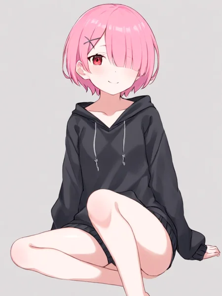 <lora:ram:1>,1girl, solo, ram_\(re:zero\), pink_hair, short_hair, hair_ornament, red_eyes, hood, looking_at_viewer, smile, x_hair_ornament, long_sleeves, sitting, black_hoodie, hair_over_one_eye, grey_background, closed_mouth, collarbone, hood_down, simple_background, hoodie, bangs, sweater, shiny_hair, indian_style, eyes_visible_through_hair, shiny, alternate_costume, black_sweater, barefoot, bare_legs