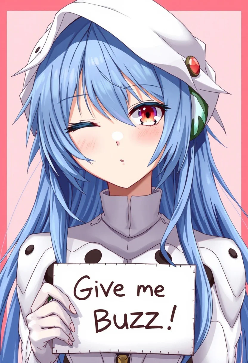 score_4,score_5,score_6,score_7_up,score_8_up,score_9 ((masterpiece,best quality,ultra detailed,highres,HD,4k:1.2)),
1 girl,solo,face focus,
ayanami_rei,rei ayanami, blue hair, ((long hair, Messy Hair:1.2)),red eyes, head gear,
bodysuit, headgear, plugsuit, neon_genesis_evangelion, white bodysuit,
(("Give me Buzz.",Beggars Board,Holding a sign, holding a sign that says, "Give me Buzz."))
wink,closed mouth,blush,Expressionless,