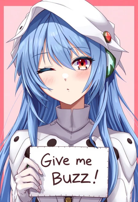 score_4,score_5,score_6,score_7_up,score_8_up,score_9 ((masterpiece,best quality,ultra detailed,highres,HD,4k:1.2)), 
1 girl,solo,face focus,
ayanami_rei,rei ayanami, blue hair, ((long hair, Messy Hair:1.2)),red eyes, head gear, 
bodysuit, headgear, plugsuit, neon_genesis_evangelion, white bodysuit, 
(("Give me Buzz.",Beggars Board,Holding a sign, holding a sign that says, "Give me Buzz."))
wink,closed mouth,blush,Expressionless,