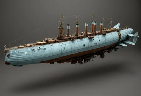 masterpiece, best_quality, very_aesthetic, highres, absurdres, ultra detailed, airship, battleship, steampunk, Victorian,
flying over the south sea,
airship, vehicle focus, no humans, military vehicle, military, science fiction, aircraft flying, radio antenna, cannon, machinery, (light gray/light blue vehicle),
spiral, pipe ,rivets, ,wire,