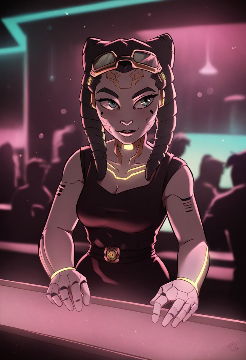 score_9, score_8_up, score_7_up, cyborg, ar3na1989, Kodak Motion Picture Film Style, alien long face, goggles, (neon gold light), bartender, (bokeh), sci-fi, dark atmosphere, moody, dark hair, aesthetic,