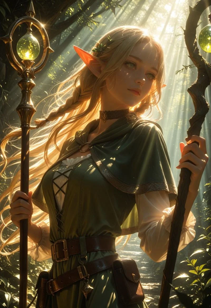 volumetric lighting, ambient occlusion, luminescent background, masterpiece, best quality, absurdres,masterpiece, best quality, very awa, absurdres,,mage, nature, dungeon, plants
BREAK
dynamic pose,dynamic angle,upper body focus, close-up, cinematic angle, looking at viewer
BREAK
1girl,elf,blonde hair,long hair,flowing hair,side braids,pointy ears, green eyes, choker,capelet, dress,belt,pouch,staff,holding staff,