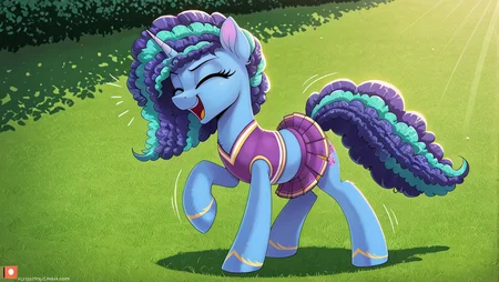 resolution, masterpiece, high resolution, (SOLO: 1.2), wild, detailed background, masterpiece,best quality,absurd resolution,high definition,cheerilee \(mlp\),my little pony,friendship is magic,wild,equine,equine,earth pony,female,mare,pony,solo,bipedal,cheerleader,clothes,cute,closed eyes,happy,bouncing,belly,miniskirt,moe,artist training ground,pompom,skirt,skirt lift,cheeribetes,cheerleader,pleated skirt,16:9,
Misty Brightdawn, blue body unicorn,( eyes green:1.1) <lora:Wholesome-MLP-v1.4b:0.7> ,,solo plain background, , solo,, FIGHTING STANCE, , <lora:Misty111:1> Misty Brightdawn blue hair with cyan streaks, blue body unicorn, eyes green
