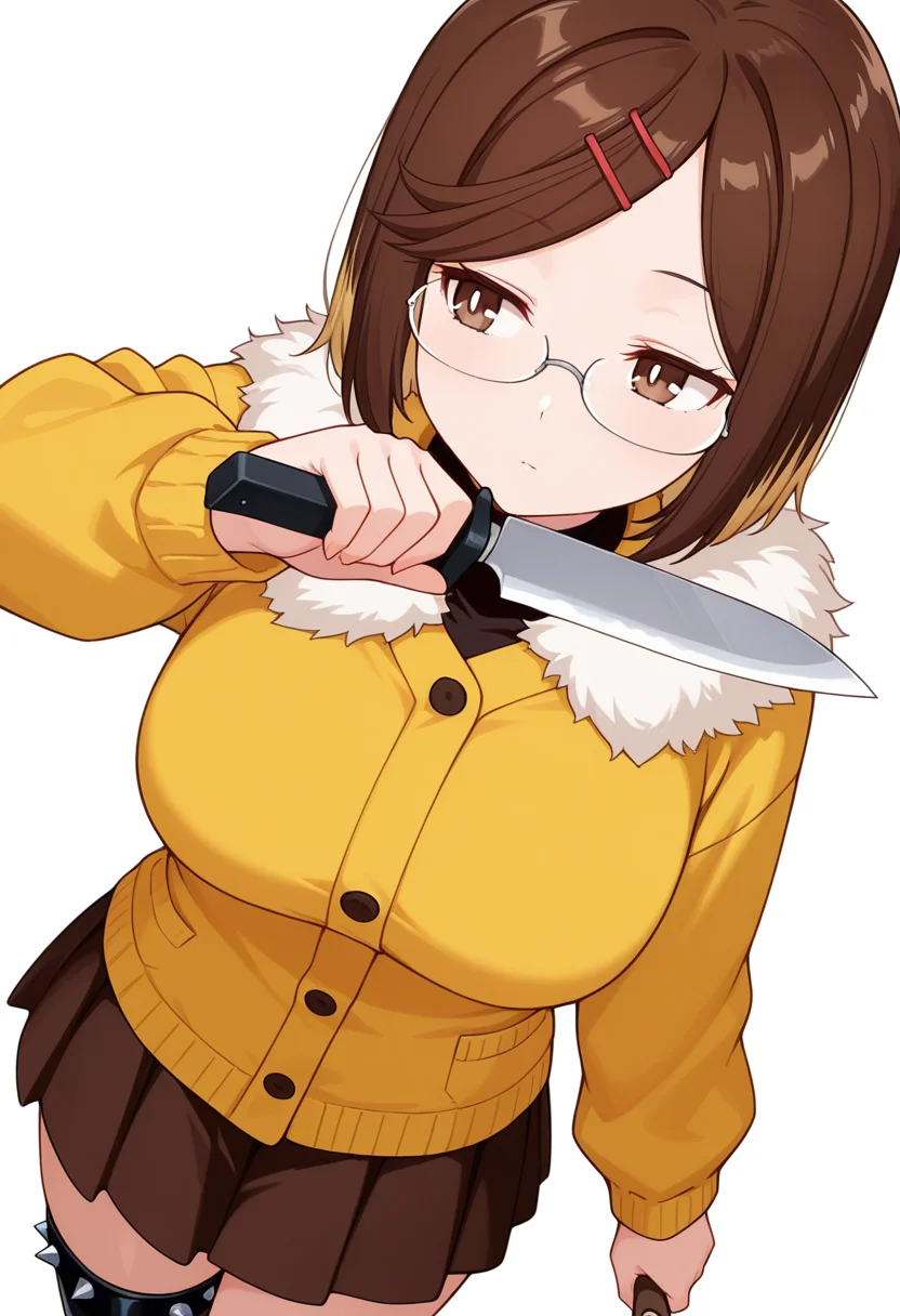 masterpiece,high quality details, absurdres,
<lora:Konoha_Koga:0.8>koga_cnr, 1girl, brown hair, short hair, brown eyes, blonde hair, two-tone hair, large breasts, semi-rimless eyewear,hairclip,
holding knife,, simple background, white background, dynamic angle,solo,, =^=,, fur-trimmed jacket ,cardigan,godet skirt, ,spiked legwear,