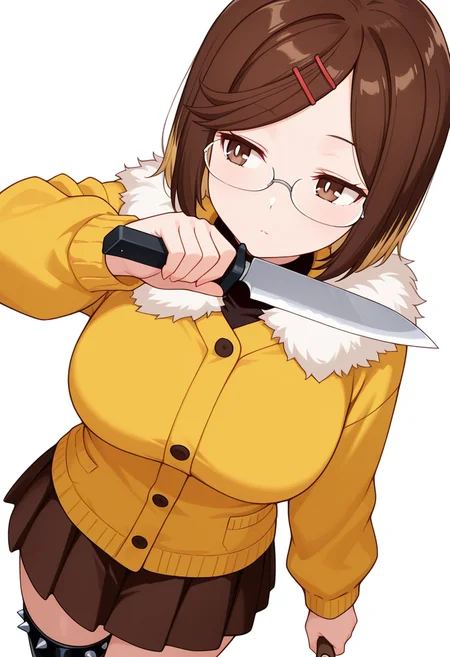 masterpiece,high quality details, absurdres,
<lora:Konoha_Koga:0.8>koga_cnr, 1girl, brown hair, short hair, brown eyes, blonde hair, two-tone hair, large breasts, semi-rimless eyewear,hairclip,
holding knife,, simple background, white background, dynamic angle,solo,, =^=,, fur-trimmed jacket ,cardigan,godet skirt, ,spiked legwear,