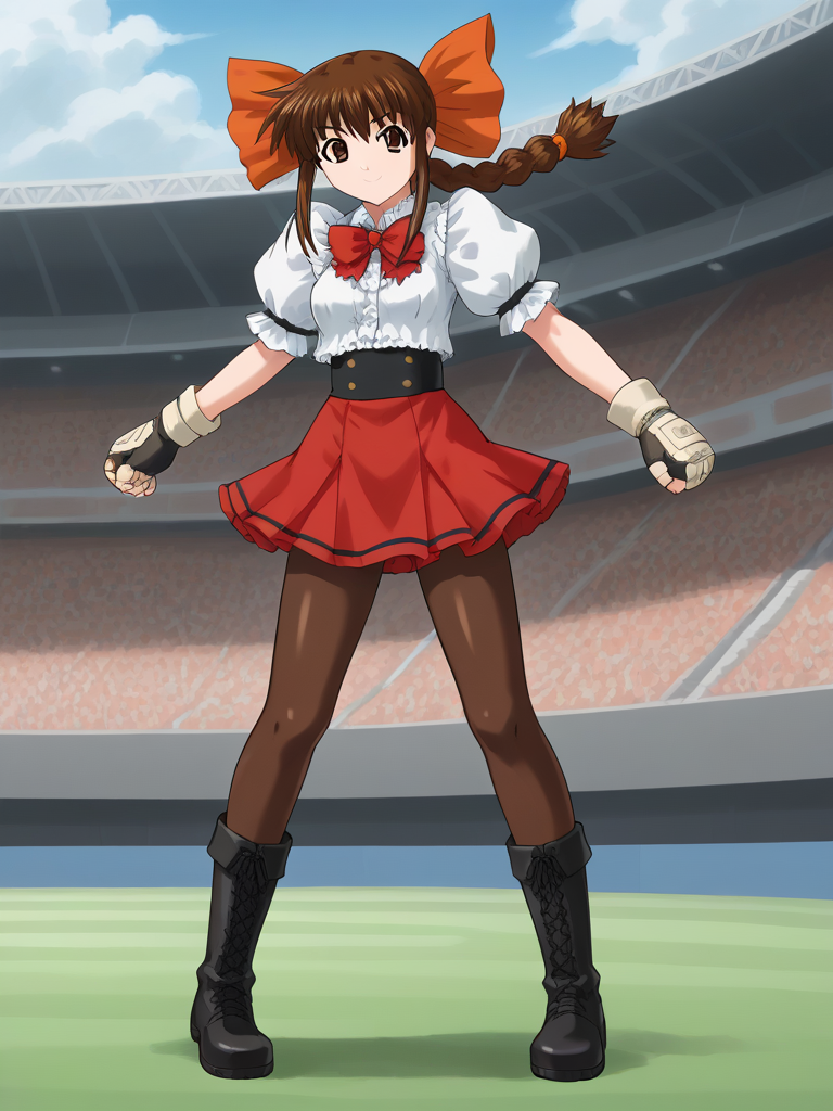 1girl, solo, tamaovgrebirth, tamaoog, brown hair, braided ponytail, orange bow, hair bow, brown eyes, waitress, red bowtie, puffy short sleeve, frills, fingerless gloves, red skirt, brown pantyhose, black boots, outdoors, arena, stadium, serious, dynamic pose, smile, standing, full body