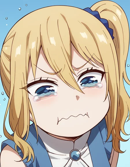 score_9, score_8_up, score_7_up, source_anime, <lora:ai-hayasaka-s3-ponyxl-lora-nochekaiser:1>, ai hayasaka, bangs, blue eyes, blonde hair, hair ornament, hair between eyes, sidelocks, side ponytail, scrunchie, hair scrunchie, blue scrunchie, medium breasts, <lora:aqua-about-to-cry-ponyxl-lora-nochekaiser:1> crying aqua, crying aqua (meme), crying, tearing up, tears, wavy mouth,, ,