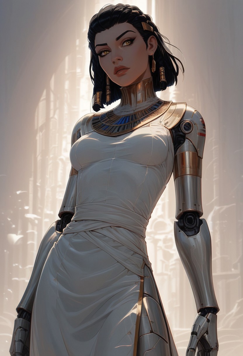 score_9, score_8_up, score_7_up, score_6_up,  wide angle photo, style of wlop, far shot, full body,
1girl, solo, egypt android girl, golden eyes, hourglass body type, medium breasts, bronze skin with metallic sheen, intense gaze, medium hair length, braided into a single crown braid, jet black hair with gold highlights, wearing a futuristic pharaoh headdress, adorned with gold and sapphire circuits, dressed in a metallic royal tunic with ancient Egyptian patterns, golden cybernetic armlets, standing amidst grand hieroglyph-covered walls indoors
,cyborg, mech armor, battle damaged, 18 years old, beautiful, Perfect face, surrounded by technology, a beautiful girl, pouty lips, wiping her brow with her hand, mechanic, giant mech  robot, lots of wires and technology, neon lights, dynamic angle, dynamic lighting, detailed background