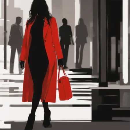 one smiling woman, line art, red office suit, walking on the sidewalk, unreal, black liquid, modern city, midday sun, sun reflections <lora:sd_xl_offset_example-lora_1.0:0.4> <lora:Projext_X2:-1.2>