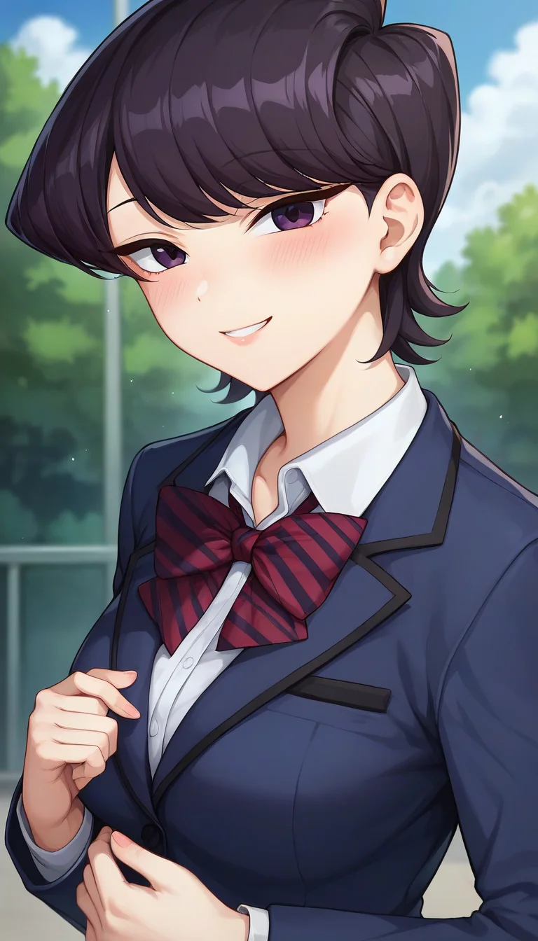 score_9,score_8_up,score_7_up,score_6_up BREAK official art,solo,outdoors,upper body,(portrait:1.5),looking at viewer,facing viewer,smile,blush,mature female,Komi Shuuko,short hair,black hair,shiny hair,swept bangs,purple eyes,school uniform,blue jacket,blazer,collared shirt,white shirt,red bowtie,striped bowtie,diagonal-striped bow,medium breasts,skindentation,long sleeves,red skirt,pleated skirt,striped skirt,black socks,loafers,<lora:Komi Shuuko(kcc)-Pony:0.8>,