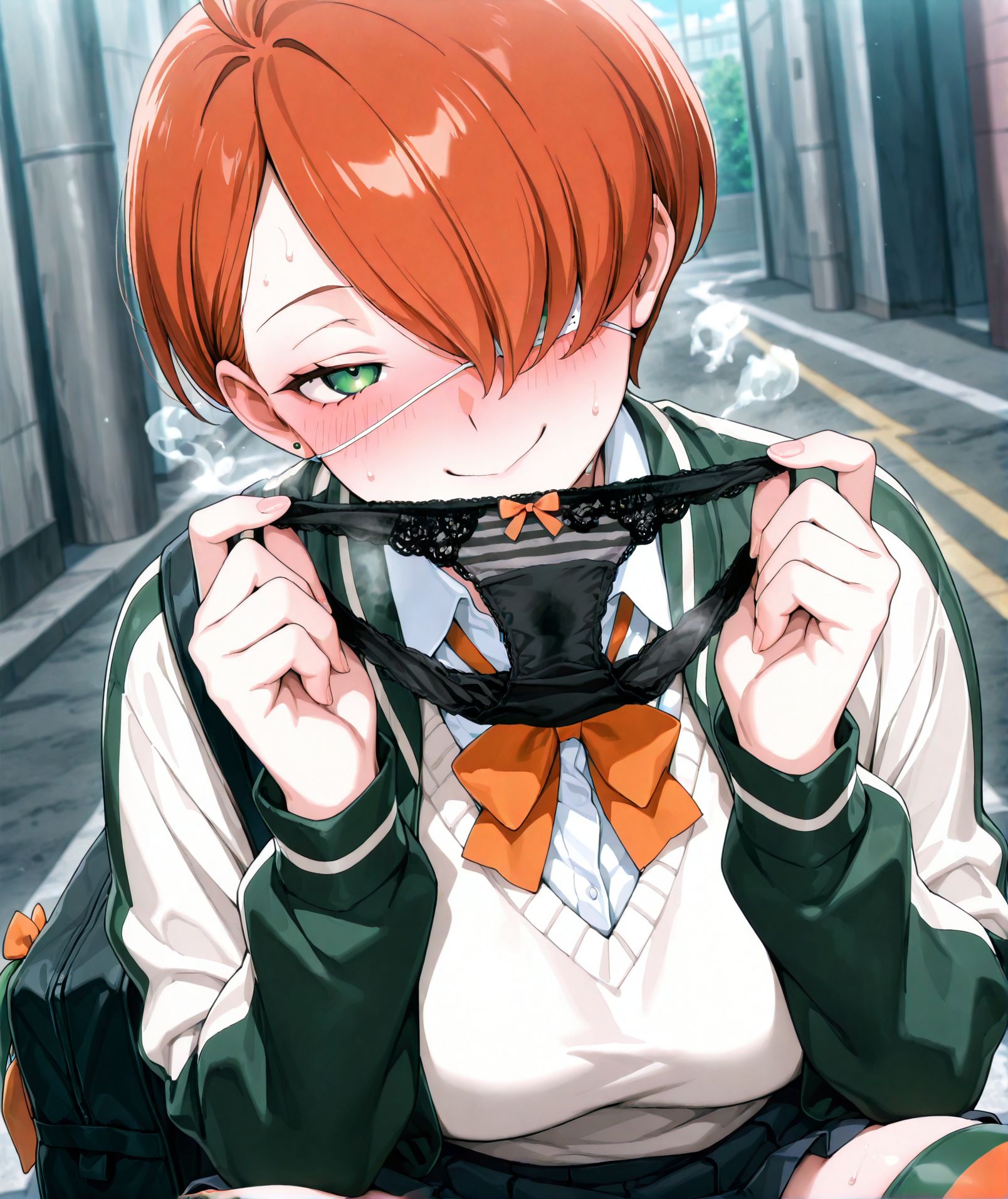 <lora:add-detail-xl:0.5>,,masterpiece, best quality, newest, absurdres, highres, detailed eyes, beautiful, detailed background, perfect eyes, anime coloring, anime screencap,
<lora:Holding_panties:0.7>Holding_pantiesV1,
1girl,solo,sweater,panties,underwear,holding,sexy panties, 
looking at viewer, upper body, blush, naughty face, 
holding panties near face,sweat, steam, lace panties, 
<lora:Kuin Hachisuka illu:1> 1girl, short hair, orange hair, green eyes, white eyepatch, hair over one eye, school uniform, bag, pleated skirt, white shirt, jacket, jewelry, orange bow, collared shirt, long sleeves, striped thighhighs,
20YO, milf,adult,