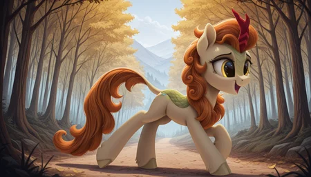 resolution, masterpiece, high resolution, (SOLO: 1.2) my little pony, friendship is magic, wild, detailed background,
forest city, detailed lighting, detailed background, yellow leaves, day, trodden path, goes along the path, goes along the forest, happy cheerful, detailed sky
kirin, light cream body, mane and tail of a rich orange-brown shade, pale green scales on the neck and shoulders, golden eyes, an unusually shaped horn with stripes, a long, lush mane,(washed-out hooves:1.2) <lora:autumn_blaze:1> <lora:FRG (1):1>