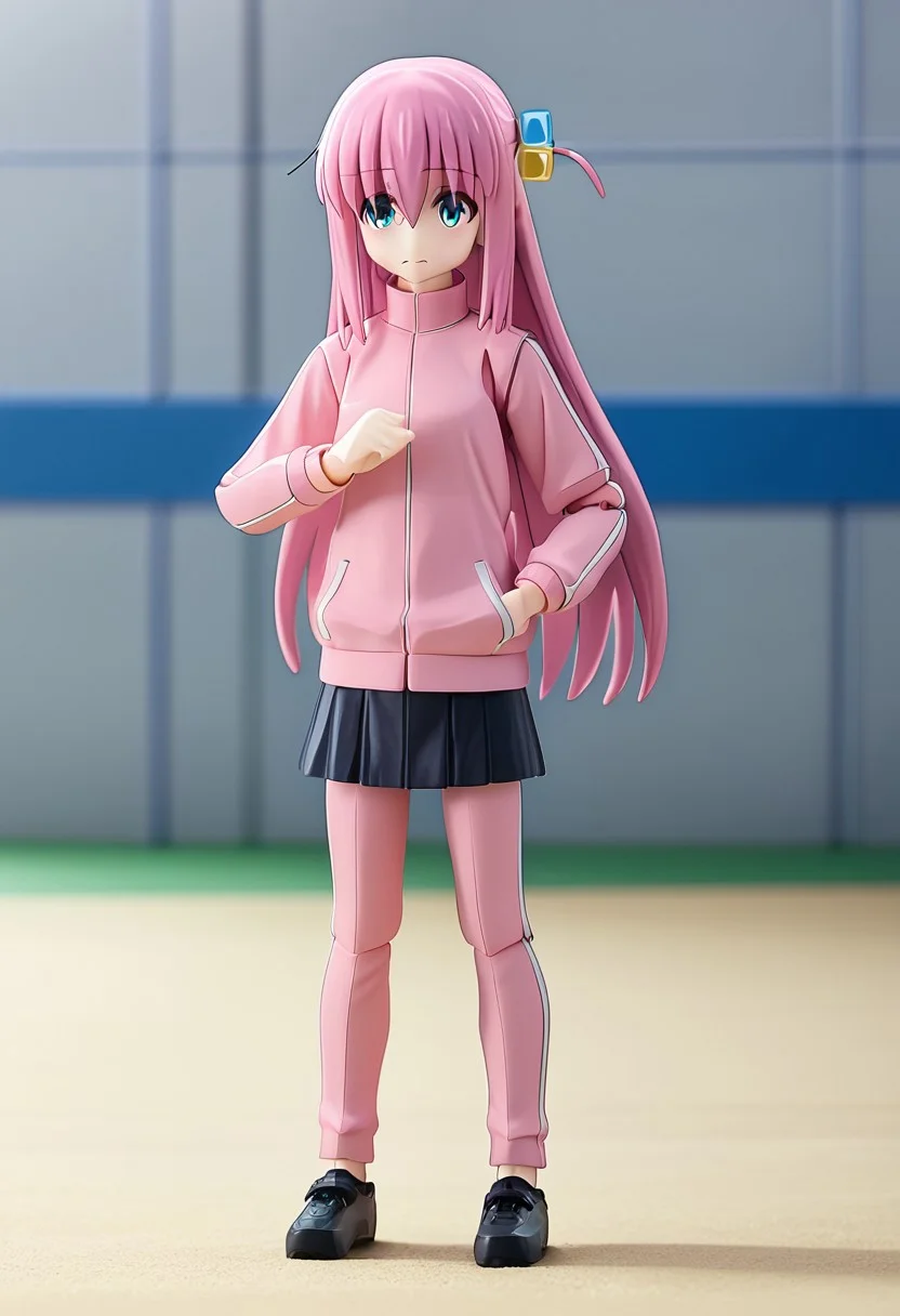 score_9, score_7_up, 1girl, solo, (full body),3d, figma, depth of field, blurry background, hitori gotou, blue eyes, cube hair ornament, hair between eyes, hair ornament, pink hair, one side up, long hair,black skirt, jacket, long sleeves, pants, pants under skirt, pink jacket, pink pants, pleated skirt, skirt, track jacket, track pants, track suit,