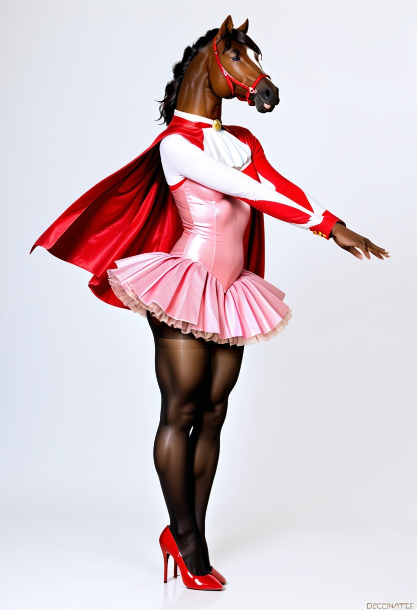 Furry, equine, daddy, tall, effeminate, sissy, discrete bulge, crinoline, ballet, gold, tutu, crossdresser, transvestite, pantyhose, petticoats, graceful, sensual, pretty, delicate, cute, brown, pleated skirt, leotard, long-sleeve bodysuit, satin cape, knee-high flat-heeled riding boots, full body, no background, smiling, traditional, HD, hyper realistic, Ue5