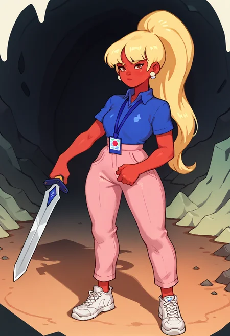 score_9, score_7_up, 1girl, looking at viewer, serious, holding sword, <lora:JackieGoingUnder-pdxl:1> jackie, blonde hair, high ponytail, long hair, blunt bangs, red skin, brown eyes, white earrings, blue shirt, collared shirt, short sleeves, lanyard, pink pants, high-waist pants, sneakers, white footwear, cave