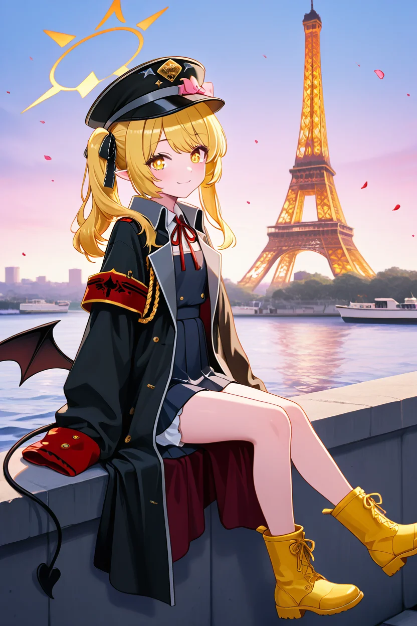 masterpiece, best quality, 1girl, solo, 21 year old model, eyelashes, (beautiful eyes), ,,, zzIbuki, yellow eyes, yellow halo, blonde hair, long hair, tail, side ponytail, horns, demon horns, black horns, hair ribbon, pointy ears, wings, demon wings, black wings, tail, demon tail, horns, black tail, demon horns, black horns, demon girl, low wings, hair ribbon, neck ribbon, black headwear, red ribbon, peaked cap, black coat, collared shirt, long sleeves, open coat, pinafore dress, sleeves past fingers, black dress, hat bow, white shirt, yellow footwear, boots, white shorts, oversized clothes, red armband, military hat, pink bow, <lora:IbukiBlueArchiveIXL:1.0>,,,, zzEiffelTower in background, sitting, watercraft, boat, sitting on wall, side view, looking at viewer, smile,,, blooming stars, luminescent petals, otherworldly fragrance blurry background, <lora:EiffelTowerIXL_v2:1.0>,