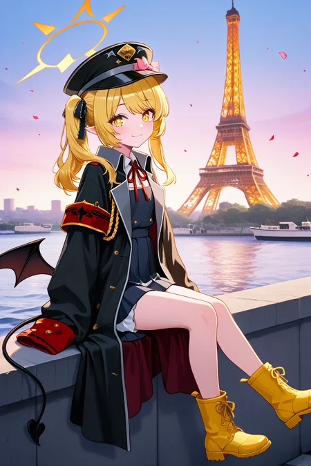 masterpiece, best quality, 1girl, solo, 21 year old model, eyelashes, (beautiful eyes), ,,, zzIbuki, yellow eyes, yellow halo, blonde hair, long hair, tail, side ponytail, horns, demon horns, black horns, hair ribbon, pointy ears, wings, demon wings, black wings, tail, demon tail, horns, black tail, demon horns, black horns, demon girl, low wings, hair ribbon, neck ribbon, black headwear, red ribbon, peaked cap, black coat, collared shirt, long sleeves, open coat, pinafore dress, sleeves past fingers, black dress, hat bow, white shirt, yellow footwear, boots, white shorts, oversized clothes, red armband, military hat, pink bow, <lora:IbukiBlueArchiveIXL:1.0>,,,, zzEiffelTower in background, sitting, watercraft, boat, sitting on wall, side view, looking at viewer, smile,,, blooming stars, luminescent petals, otherworldly fragrance blurry background, <lora:EiffelTowerIXL_v2:1.0>,