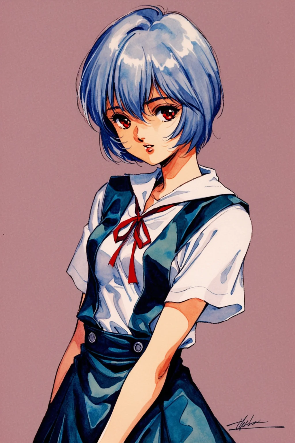 1girl,ayanami rei,solo,red eyes,short hair,school uniform,blue hair,tokyo-3 middle school uniform,signature,short sleeves,hair between eyes,suspender skirt,purple background,bangs,purple theme,shirt,cowboy shot,looking to the side,skirt,white shirt,looking at viewer,parted lips,suspenders,traditional media,watercolor \(medium\),<lora:Haruhiko Mikimoto_XL_V2:0.8>,