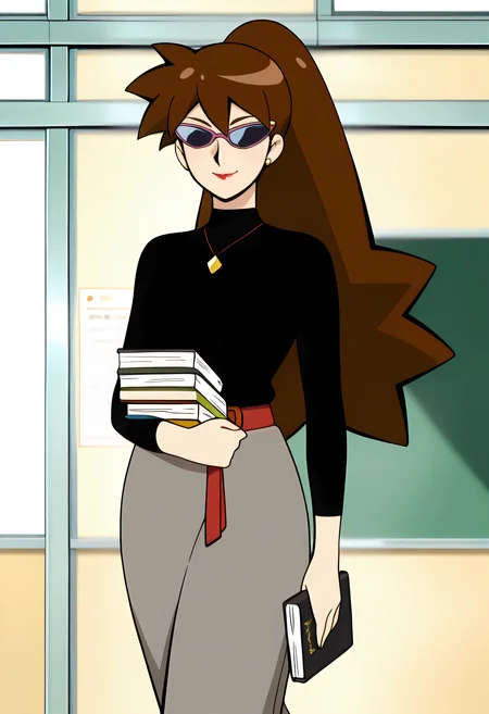 masterpiece,best quality,amazing quality,very aesthetic, absurdres
1girl, solo, Masako Inogashira, long hair,
Masako, jewelry, brown hair, necklace, sunglasses, lipstick, makeup, ponytail, long skirt, red belt,
smile,
Walking, holding, hugging stack of books,
at classroom,
anime style,