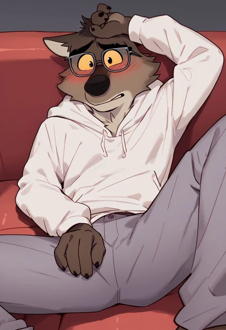 score_9, score_8_up, score_7_up, solo, mr wolf, bg, furry, embarrassed, blush, on back, on couch, spread legs, young, simple background, room, looking at viewer, oversized hoodie, nerdy, big glasses, cargo pants, cute <lora:Mr_Wolf:1>