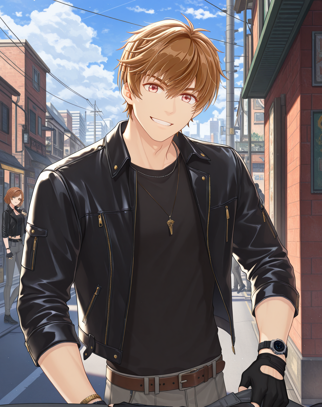 masterpiece, best quality, absurdres, very aesthetic, original style, 
1boy, solo, yaoi, male focus,looking at viewer,
<lora:Luke_Pearce_ilxl:1> lukepearce, brown hair, short hair, hazel eyes,
black jacket, black gloves,brown eyes, fingerless gloves, brown hair, black pants, black shirt, outdoors, leather jacket, smile, jewelry, necklace, cloudy sky, holding, open jacket, utility pole, grin, teeth, power lines, bracelet, open clothes, day, cloud, city, long sleeves, solo focus, building, sleeves rolled up, blue sky, grey pants, standing, zipper, sleeves past elbows, belt, watch, wristwatch,