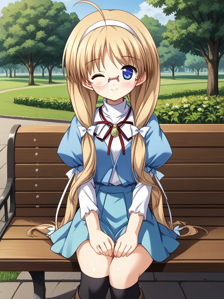 1girl, solo, yukiponeleeyes, blonde hair, long hair, low twintails, low-tied long hair, hair ribbon, ahoge, blue eyes, glasses, rimless eyewear, white hairband, white shirt, (white long sleeves:1.2), turtleneck, red neck ribbon, pendant, blue jacket, (blue puffy short sleeves:1.2), aqua skirt, knee boots, black thighhighs, over-kneehighs, outdoors, park, bench, sitting, blush, smile, wink,