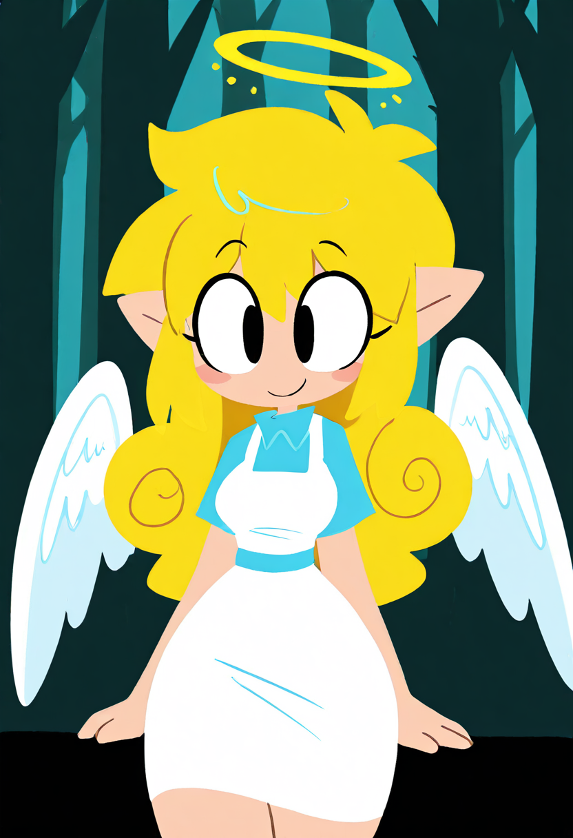 masterpiece, best quality, medium breasts, (curvy),   BREAK,  1girl, solo, blonde hair, wavy hair, angel, angel wings, halo, smile, sitting, forest, white dress,smile, looking at viewer, cowboy shot,   <lora:ToonCAT_NAI:1.0>,